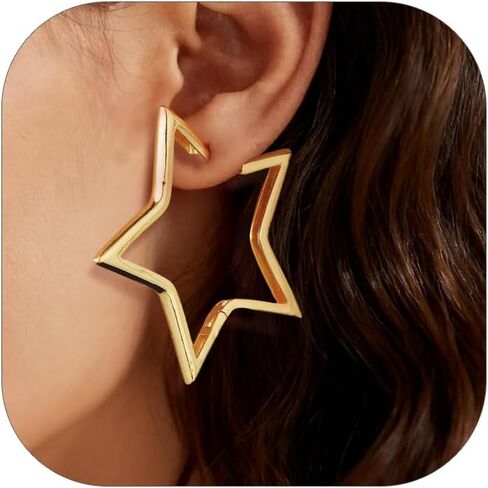 أقراط FOCALOOK Star Huggie هوب للنساء، لا تسبب الحساسية فضي/أسود/14 قيراط مطلية بالذهب أقراط نجمة صغيرة خفيفة الوزن الحد الأدنى 20/30/40/50/60 مم هدية مجوهرات كبيرة in Kuwait