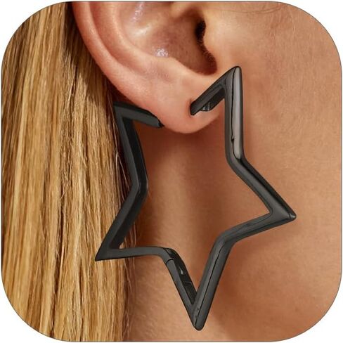 أقراط FOCALOOK Star Huggie هوب للنساء، لا تسبب الحساسية فضي/أسود/14 قيراط مطلية بالذهب أقراط نجمة صغيرة خفيفة الوزن الحد الأدنى 20/30/40/50/60 مم هدية مجوهرات كبيرة in Kuwait