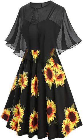 طقم فستان Sunflower Cami للسيدات من DRESSFO - فستان جيب مطبوع على شكل حرف A مع عباءة كيب منسوجة in Kuwait
