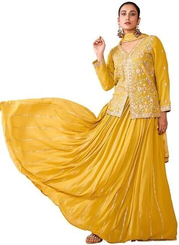 Women's Georgette Beads Embroidery Work Salwar Suit Anarkali Kurta Set with Dupatta Chinnon Silk in Saudi Arabia
