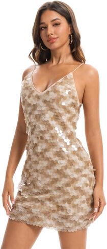 MISI CHAO Women's Sequin Mini Dress V-Neck Spaghetti Strap Bodycon Sparkly Sleeveless Party Cocktail Short Glitter Dress in Saudi Arabia