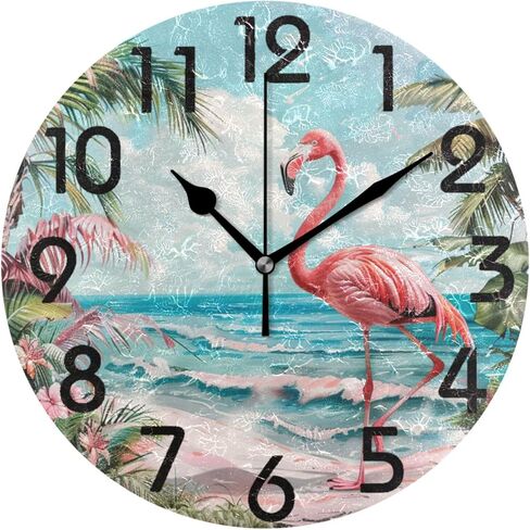 ساعة حائط مستديرة من Pink Flamingo Tropical Beach مقاس 10 بوصة، ساعة مكتب تناظرية هادئة غير موقوتة للمطبخ المنزلي/غرفة المعيشة/غرفة النوم/الحمام/المكتب in Kuwait