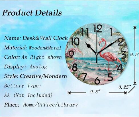 ساعة حائط مستديرة من Pink Flamingo Tropical Beach مقاس 10 بوصة، ساعة مكتب تناظرية هادئة غير موقوتة للمطبخ المنزلي/غرفة المعيشة/غرفة النوم/الحمام/المكتب in Kuwait