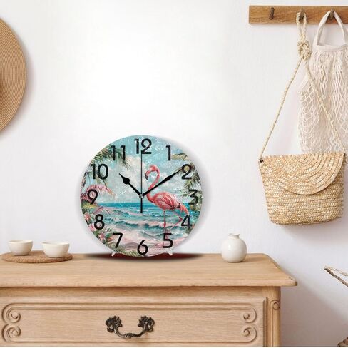 ساعة حائط مستديرة من Pink Flamingo Tropical Beach مقاس 10 بوصة، ساعة مكتب تناظرية هادئة غير موقوتة للمطبخ المنزلي/غرفة المعيشة/غرفة النوم/الحمام/المكتب in Kuwait