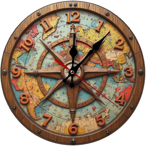 Antique World Map Compass Clock Wall Decor 2D 10 Inch Silent Wall Clock Battery Operated, Frameless Wooden Round Clock with Quartz Movement for Bathroom, Kitchen, Living Room, Bedroom in Kuwait