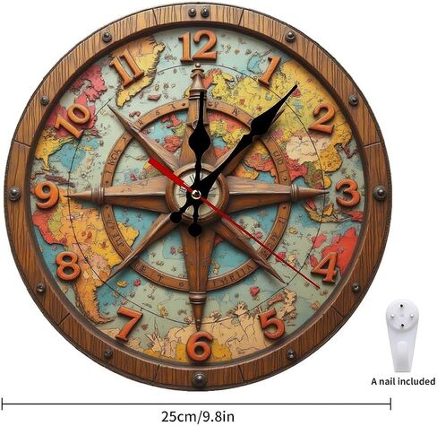 Antique World Map Compass Clock Wall Decor 2D 10 Inch Silent Wall Clock Battery Operated, Frameless Wooden Round Clock with Quartz Movement for Bathroom, Kitchen, Living Room, Bedroom in Kuwait