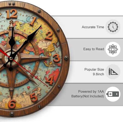 Antique World Map Compass Clock Wall Decor 2D 10 Inch Silent Wall Clock Battery Operated, Frameless Wooden Round Clock with Quartz Movement for Bathroom, Kitchen, Living Room, Bedroom in Kuwait