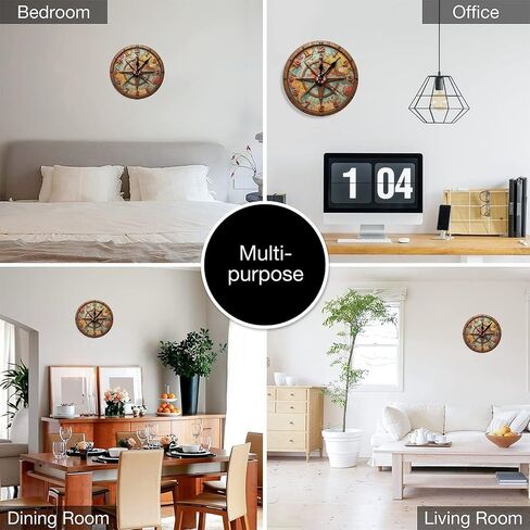 Antique World Map Compass Clock Wall Decor 2D 10 Inch Silent Wall Clock Battery Operated, Frameless Wooden Round Clock with Quartz Movement for Bathroom, Kitchen, Living Room, Bedroom in Kuwait