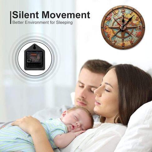 Antique World Map Compass Clock Wall Decor 2D 10 Inch Silent Wall Clock Battery Operated, Frameless Wooden Round Clock with Quartz Movement for Bathroom, Kitchen, Living Room, Bedroom in Kuwait