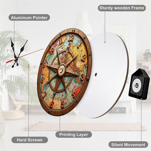 Antique World Map Compass Clock Wall Decor 2D 10 Inch Silent Wall Clock Battery Operated, Frameless Wooden Round Clock with Quartz Movement for Bathroom, Kitchen, Living Room, Bedroom in Kuwait
