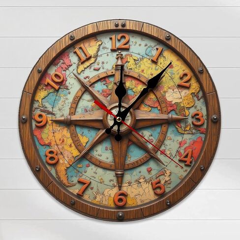 Antique World Map Compass Clock Wall Decor 2D 10 Inch Silent Wall Clock Battery Operated, Frameless Wooden Round Clock with Quartz Movement for Bathroom, Kitchen, Living Room, Bedroom in Kuwait