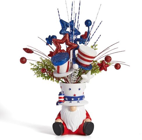 DN DECONATION 4th of July Centerpiece for Tables Red White and Blue Patriotic Flowers Decorations with Gnome Vase, Resin Gnome Hat Vase, Shiny Star Berries Flowers for Independence Day Memorial Day in Saudi Arabia