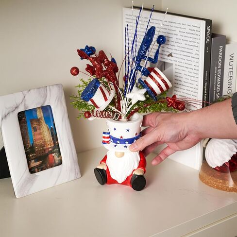 DN DECONATION 4th of July Centerpiece for Tables Red White and Blue Patriotic Flowers Decorations with Gnome Vase, Resin Gnome Hat Vase, Shiny Star Berries Flowers for Independence Day Memorial Day in Saudi Arabia