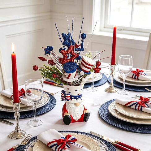 DN DECONATION 4th of July Centerpiece for Tables Red White and Blue Patriotic Flowers Decorations with Gnome Vase, Resin Gnome Hat Vase, Shiny Star Berries Flowers for Independence Day Memorial Day in Saudi Arabia