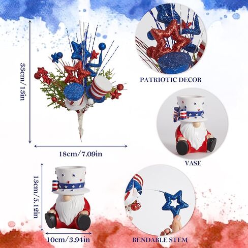 DN DECONATION 4th of July Centerpiece for Tables Red White and Blue Patriotic Flowers Decorations with Gnome Vase, Resin Gnome Hat Vase, Shiny Star Berries Flowers for Independence Day Memorial Day in Saudi Arabia