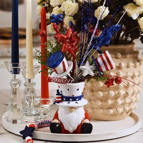 DN DECONATION 4th of July Centerpiece for Tables Red White and Blue Patriotic Flowers Decorations with Gnome Vase, Resin Gnome Hat Vase, Shiny Star Berries Flowers for Independence Day Memorial Day in Saudi Arabia