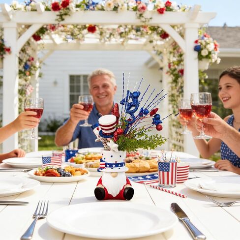 DN DECONATION 4th of July Centerpiece for Tables Red White and Blue Patriotic Flowers Decorations with Gnome Vase, Resin Gnome Hat Vase, Shiny Star Berries Flowers for Independence Day Memorial Day in Saudi Arabia