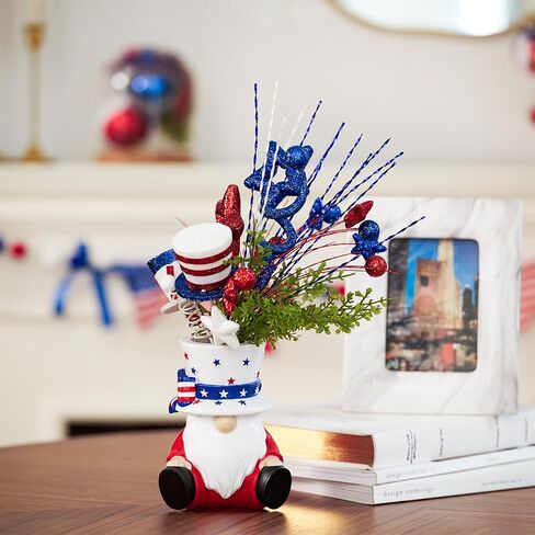 DN DECONATION 4th of July Centerpiece for Tables Red White and Blue Patriotic Flowers Decorations with Gnome Vase, Resin Gnome Hat Vase, Shiny Star Berries Flowers for Independence Day Memorial Day in Saudi Arabia