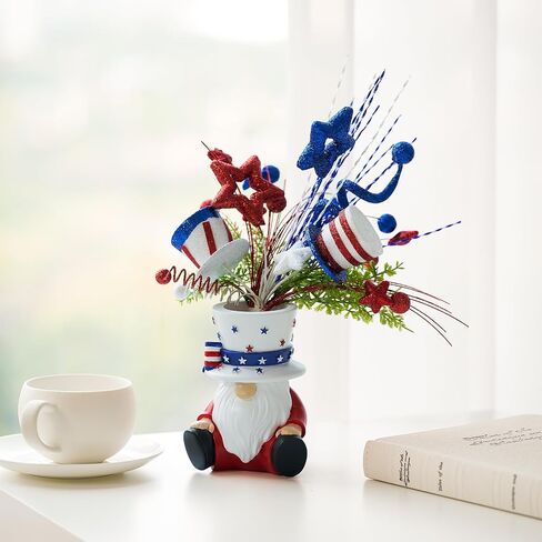 DN DECONATION 4th of July Centerpiece for Tables Red White and Blue Patriotic Flowers Decorations with Gnome Vase, Resin Gnome Hat Vase, Shiny Star Berries Flowers for Independence Day Memorial Day in Saudi Arabia