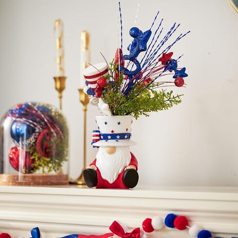 DN DECONATION 4th of July Centerpiece for Tables Red White and Blue Patriotic Flowers Decorations with Gnome Vase, Resin Gnome Hat Vase, Shiny Star Berries Flowers for Independence Day Memorial Day in Saudi Arabia