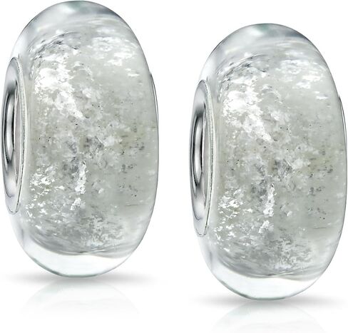 Bling Jewelry .925 Sterling Silver Murano Glass White Glitter Foil Rainbow Spacer Charm Bead For Women Teen for Bracelet (Set of 2) in Kuwait