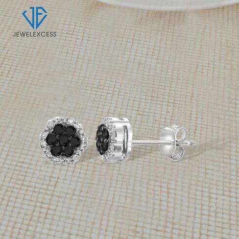 JEWELEXCESS 1/4 Carat Black & White Diamond Cluster Stud Earrings – Sterling Silver (.925)| Hypoallergenic Studs for Women - Round Cut Set with Push Backs in Saudi Arabia