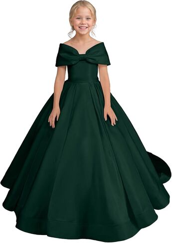Satin Flower Girl Dress Off Shoulder Kids Princess Pageant Dress Satin First Communion Dresses with Bowknot in Saudi Arabia