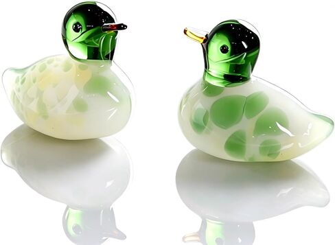 Hand-Blown Art Glass Mallard Duck Statues, Set of 2 Mini Wild Duck Figurines, Decorative Crystal Glass Bird Sculptures for Home Decor, Collectible Gift for Bird Lovers in Saudi Arabia