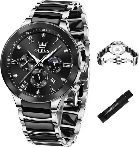 OLEVS Ceramic Watch for Men Luxury Chronograph Quartz Wristwatches Waterproof Luminous Male Dress Business Fashion Watches with Moon Phase Calendar in Kuwait