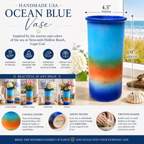 Handmade USA Ocean Blue VASE - 9" H x 4.5" W Perfect Pottery Wedding Gift Individually Signed by Award-Winning Artist Judith Stiles in Cape Cod Studio for Mantelpiece, Bedroom, Living Room in Saudi Arabia