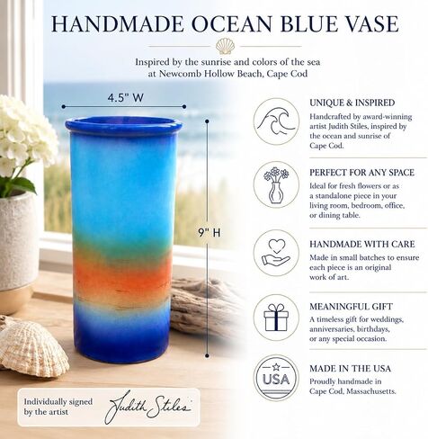 Handmade USA Ocean Blue VASE - 9" H x 4.5" W Perfect Pottery Wedding Gift Individually Signed by Award-Winning Artist Judith Stiles in Cape Cod Studio for Mantelpiece, Bedroom, Living Room in Saudi Arabia