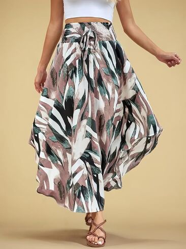 Womens Boho Floral Midi Skirt Elastic High Waist Pleated A Line Long Flowy Skirts Summer Casual Outfit in Kuwait
