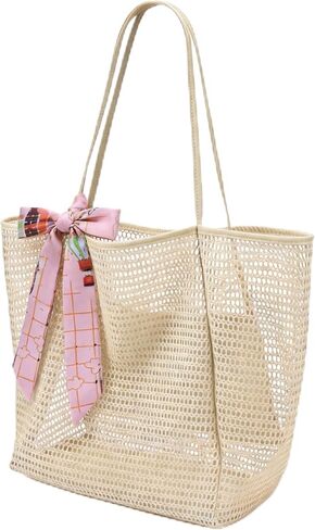 Mesh Beach Tote Bag with Silk Scarf, Large Foldable Sandproof Travel Bag, Breathable Shoulder Handbag for Vacation in Saudi Arabia
