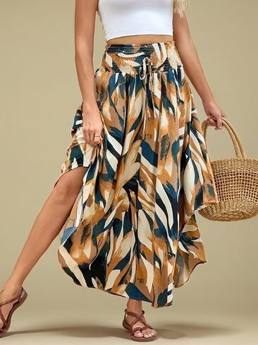 Womens Boho Floral Midi Skirt Elastic High Waist Pleated A Line Long Flowy Skirts Summer Casual Outfit in Kuwait