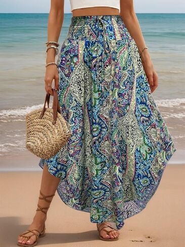 Womens Boho Floral Midi Skirt Elastic High Waist Pleated A Line Long Flowy Skirts Summer Casual Outfit in Kuwait