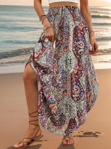 Womens Boho Floral Midi Skirt Elastic High Waist Pleated A Line Long Flowy Skirts Summer Casual Outfit in Kuwait