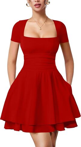 YMDUCH Women's Casual Square Neck Ruffle Hem Mini Dress Short Sleeve Short Party Dresses with Pockets in Kuwait