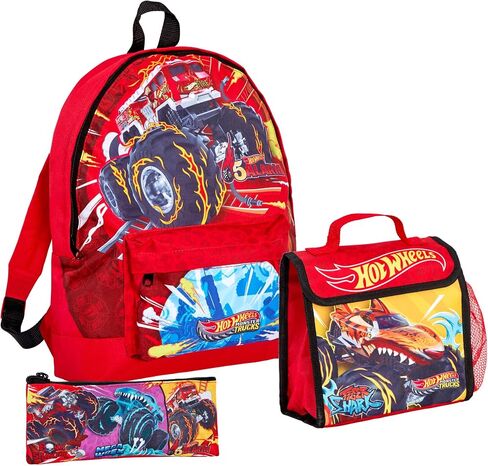 حقيبة ظهر Hot Wheels Monster Trucks + حقيبة غداء + حقيبة أقلام للأولاد مكونة من 3 قطع in Kuwait