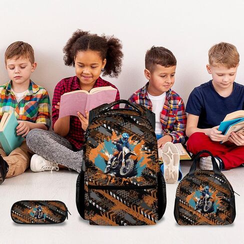 Mercuryelf Backpack and Lunch Box - Cool Motorcycle Backpacks with Lunch Bag for Kids Boys - 17 Inch 3 in 1 Bookbag Set for School, Travel in Saudi Arabia