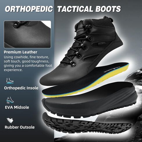 Men's Orthopedic Wide Toe Box Tactical Boots: Comfortable Plantar Fasciitis Arch Support Leather Military Combat Boots, Long Standing Outdoor Hiking Non Slip Flat Feet Work Boots for Foot & heel Pain in Kuwait
