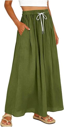 SHOPESSA Linen Maxi Skirt for Women High Waisted Elastic Drawstring Cotton Linen Flowy Boho Long Skirts with Pockets in Saudi Arabia