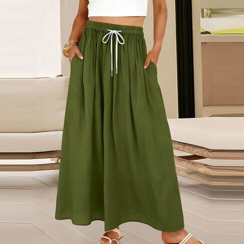 SHOPESSA Linen Maxi Skirt for Women High Waisted Elastic Drawstring Cotton Linen Flowy Boho Long Skirts with Pockets in Saudi Arabia