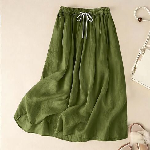 SHOPESSA Linen Maxi Skirt for Women High Waisted Elastic Drawstring Cotton Linen Flowy Boho Long Skirts with Pockets in Saudi Arabia