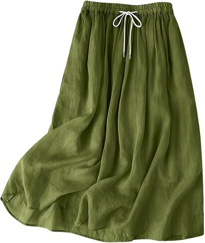 SHOPESSA Linen Maxi Skirt for Women High Waisted Elastic Drawstring Cotton Linen Flowy Boho Long Skirts with Pockets in Saudi Arabia
