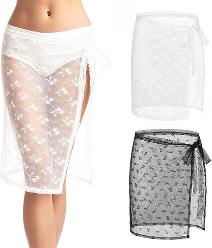 Cuffbow 2 Pcs Women Sheer Lace Wrap Skirts Tie Side Lace Layered See Through Mesh Stacked Summer Beach Cover Up Skirts in Kuwait