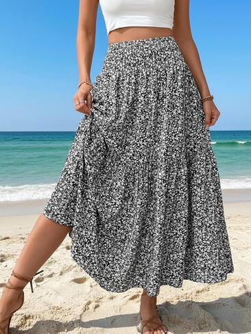 Womens Summer A Line Midi Skirt Floral Print High Elastic Waist Casual Boho Skirt for Travel in Kuwait
