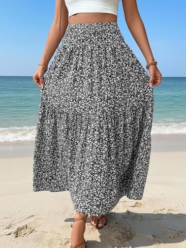 Womens Summer A Line Midi Skirt Floral Print High Elastic Waist Casual Boho Skirt for Travel in Kuwait