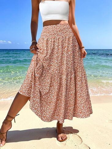 Womens Summer A Line Midi Skirt Floral Print High Elastic Waist Casual Boho Skirt for Travel in Kuwait
