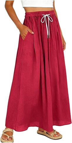 SHOPESSA Linen Maxi Skirt for Women High Waisted Elastic Drawstring Cotton Linen Flowy Boho Long Skirts with Pockets in Saudi Arabia