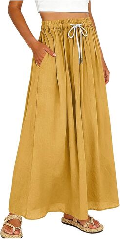 SHOPESSA Linen Maxi Skirt for Women High Waisted Elastic Drawstring Cotton Linen Flowy Boho Long Skirts with Pockets in Saudi Arabia